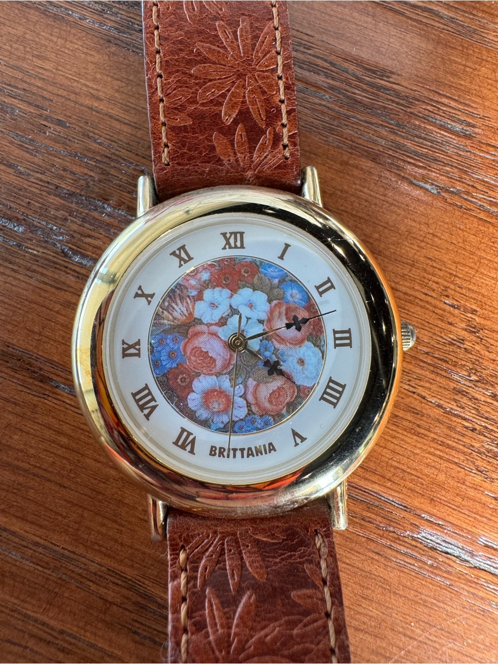 Vintage Brittania Floral Dial Women's Watch — Gold Case with Brown Floral Strap
